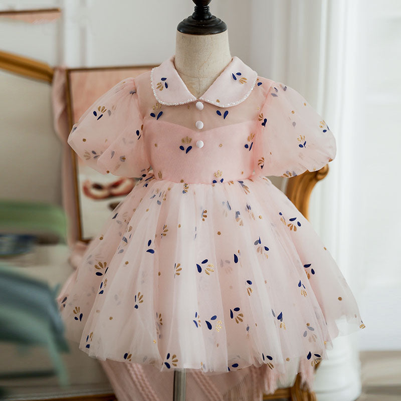 Pink Tulle Collared Princess Dress | Short Puff Sleeves