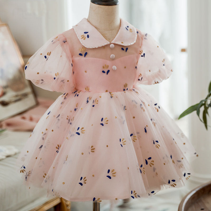 Pink Tulle Collared Princess Dress | Short Puff Sleeves