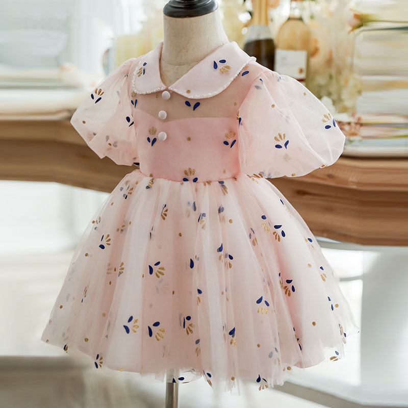 Pink Tulle Collared Princess Dress | Short Puff Sleeves