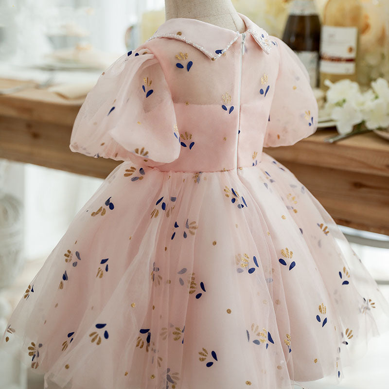 Pink Tulle Collared Princess Dress | Short Puff Sleeves