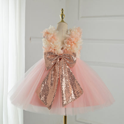 Pink Tulle Flower Girl Dress | Sleeveless Flowers & Bows
