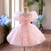 Pink Tulle Flower Girl Dress with Lace, Bow & Puff Sleeves