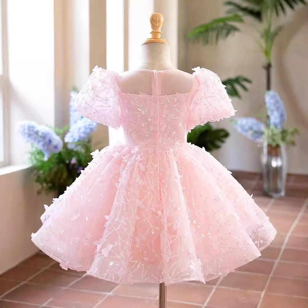 Pink Tulle Flower Girl Dress with Lace, Bow & Puff Sleeves