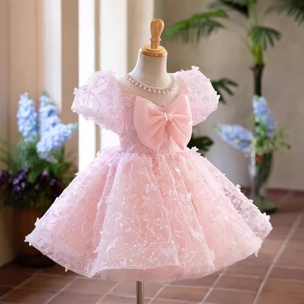 Pink Tulle Flower Girl Dress with Lace, Bow & Puff Sleeves