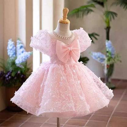Pink Tulle Flower Girl Dress with Lace, Bow & Puff Sleeves