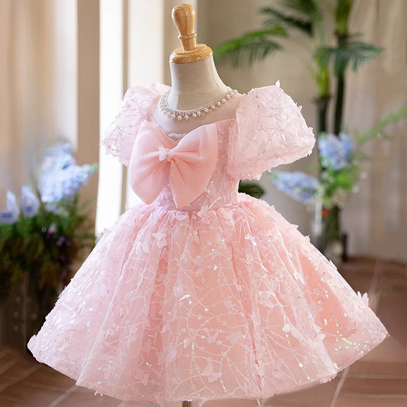 Pink Tulle Flower Girl Dress with Lace, Bow & Puff Sleeves