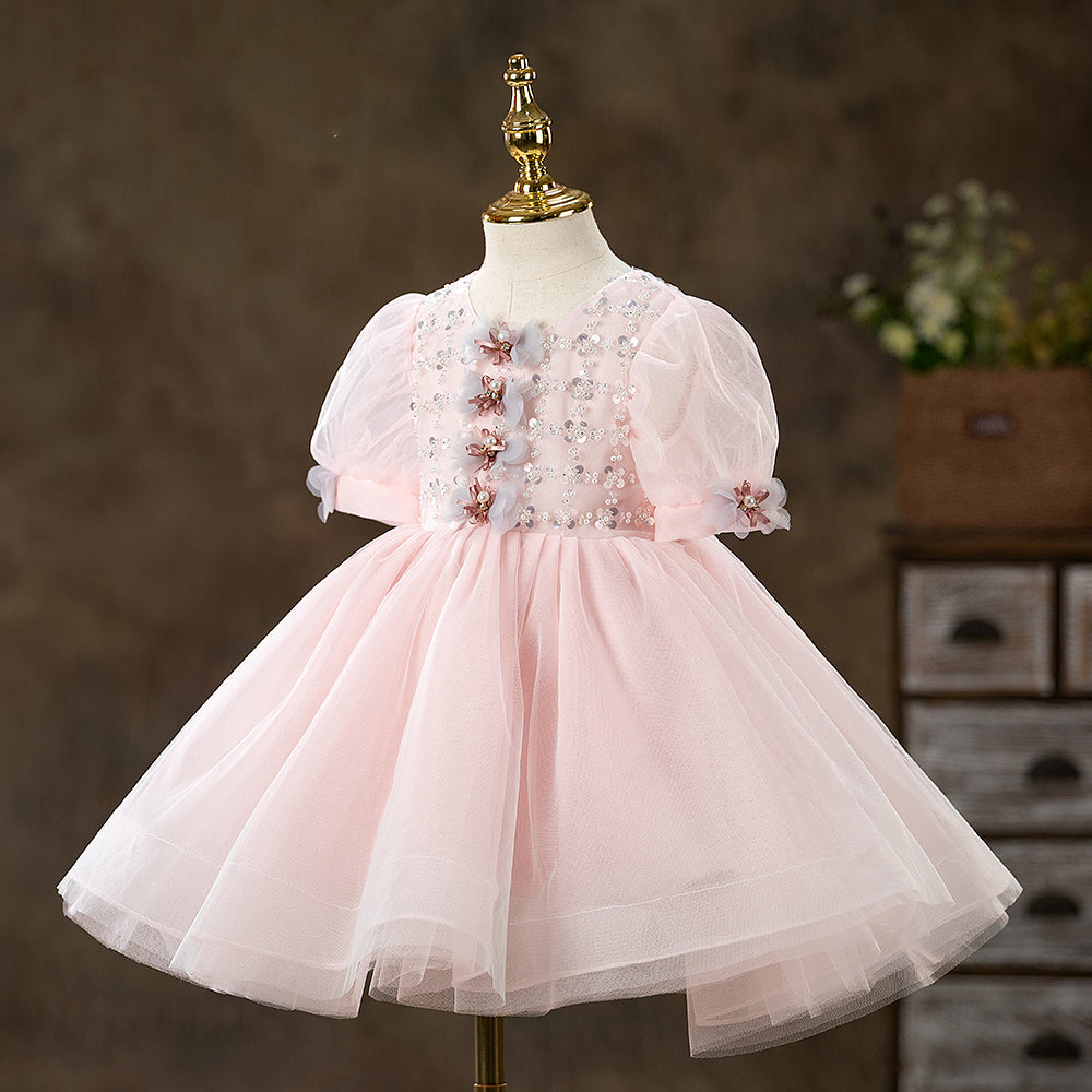 Pink Tulle Flower Girl Dress: Sequins, Lantern Sleeves