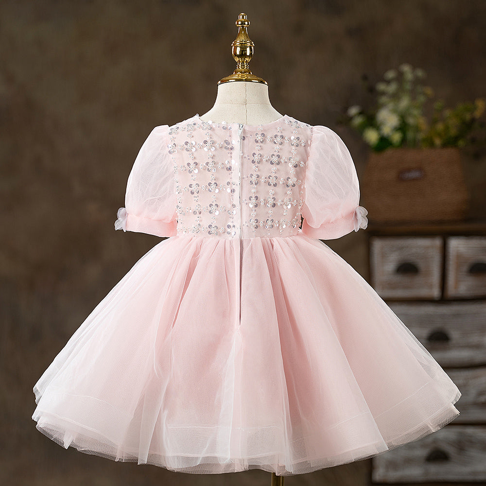 Pink Tulle Flower Girl Dress: Sequins, Lantern Sleeves