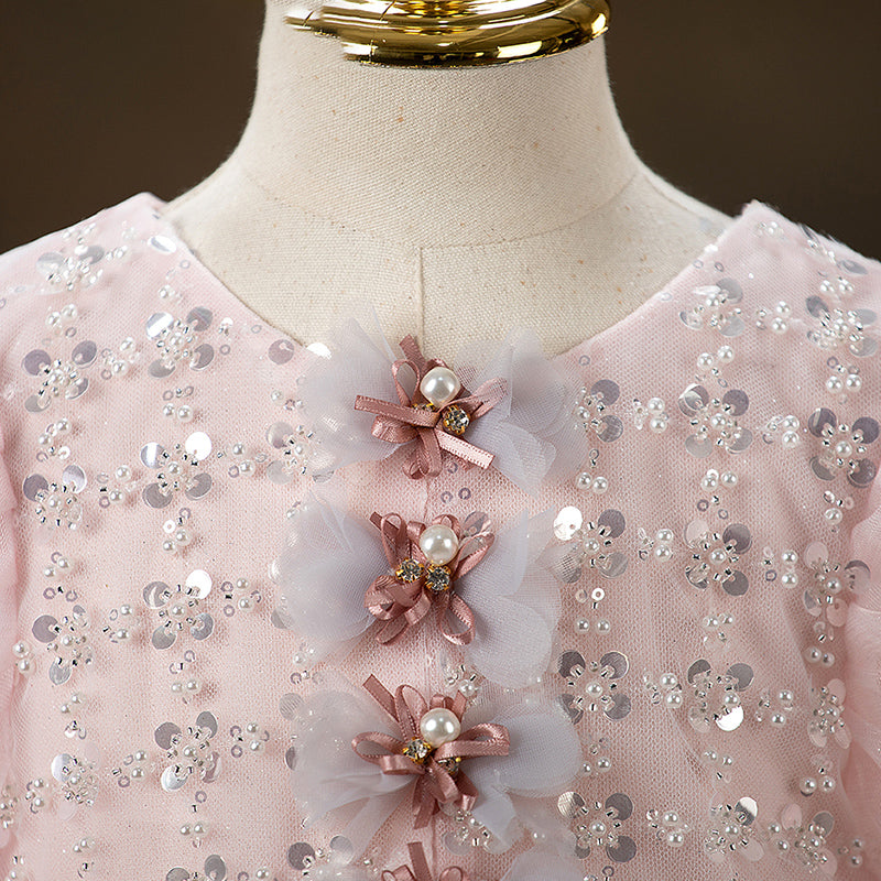 Pink Tulle Flower Girl Dress: Sequins, Lantern Sleeves
