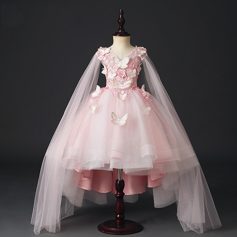 Pink Tulle Flower Girl Dress: V-Neck Sleeveless Lace