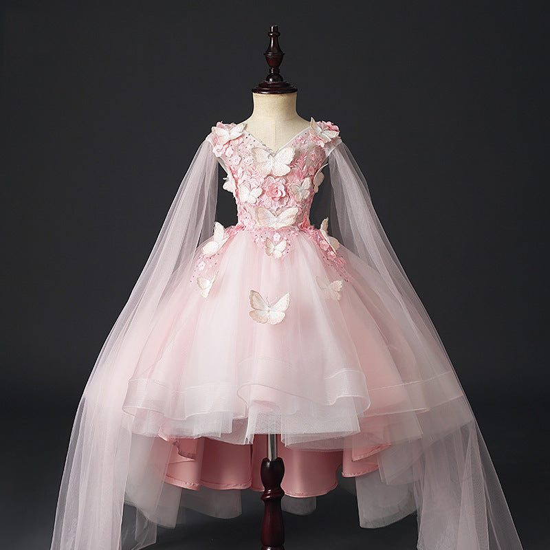 Pink Tulle Flower Girl Dress: V-Neck Sleeveless Lace