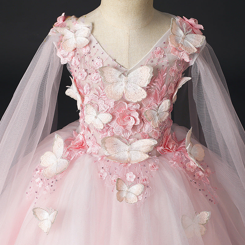 Pink Tulle Flower Girl Dress: V-Neck Sleeveless Lace