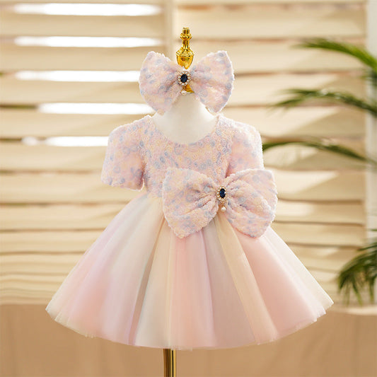 Pink Tulle Princess Flower Girl Dress Flower Bow Puff Sleeve