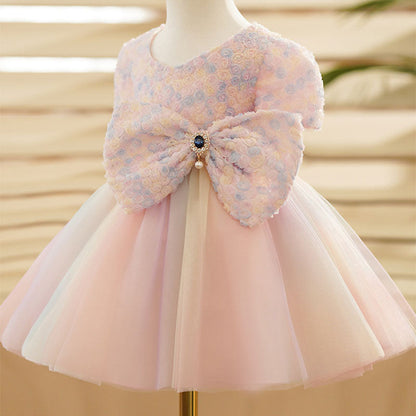 Pink Tulle Princess Flower Girl Dress Flower Bow Puff Sleeve