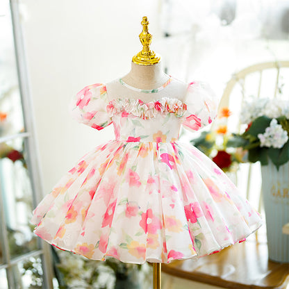 Pink Tulle Princess Flower Girl Dress Round Neck Puff Sleeve