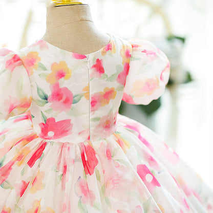 Pink Tulle Princess Flower Girl Dress Round Neck Puff Sleeve