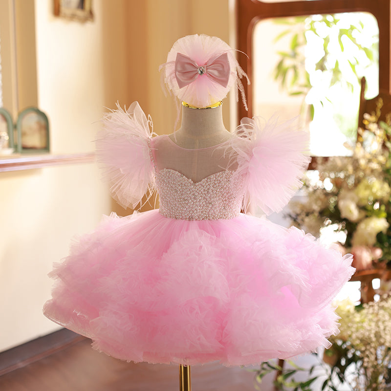 Pink Tulle Princess Dress for Girls with Tiered Skirt | Knee-Length Short Sleeve Special Occasion Dress