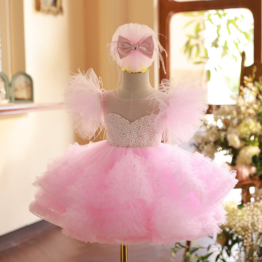 Pink Tulle Princess Dress for Girls with Tiered Skirt | Knee-Length Short Sleeve Special Occasion Dress