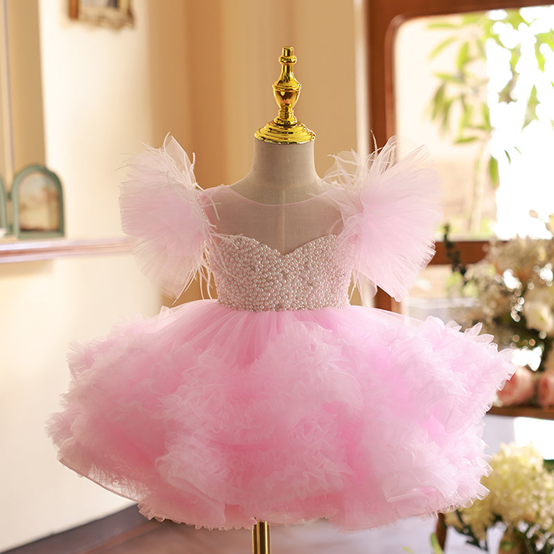 Pink Tulle Princess Dress for Girls with Tiered Skirt | Knee-Length Short Sleeve Special Occasion Dress