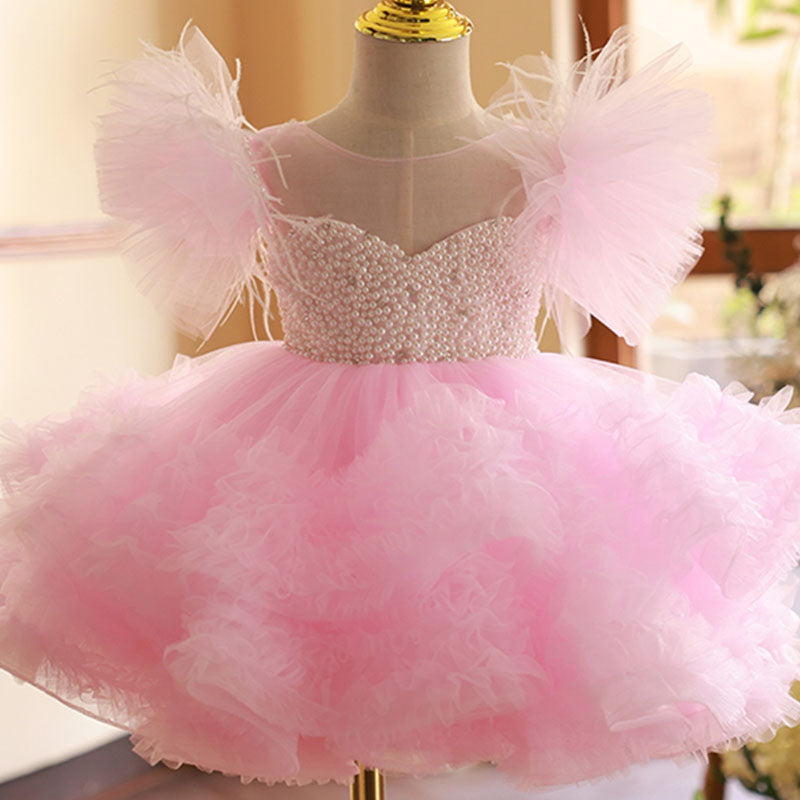 Pink Tulle Princess Dress for Girls with Tiered Skirt | Knee-Length Short Sleeve Special Occasion Dress