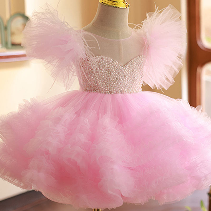 Pink Tulle Princess Dress for Girls with Tiered Skirt | Knee-Length Short Sleeve Special Occasion Dress
