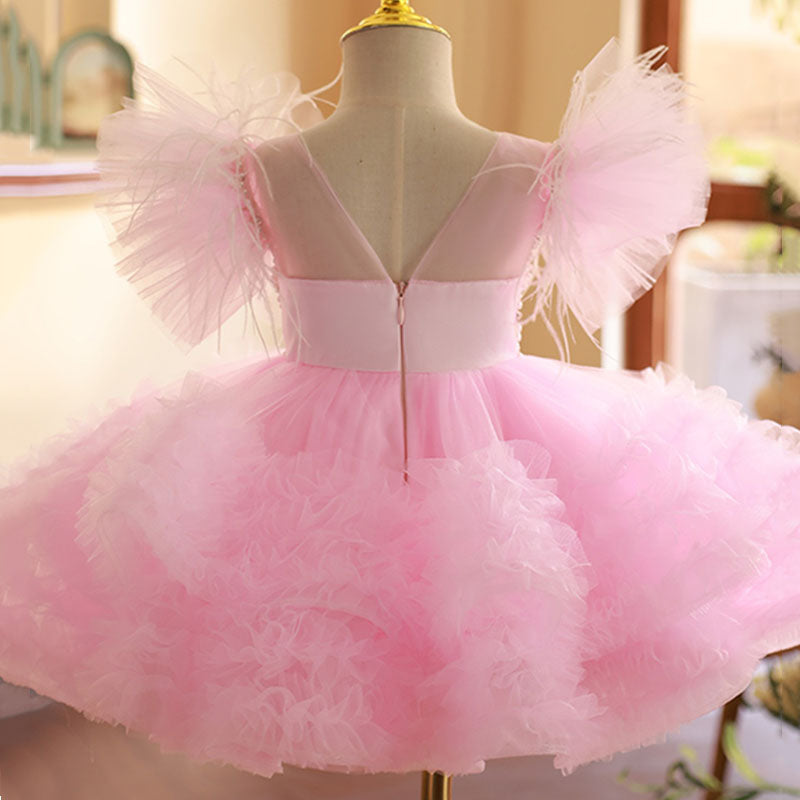 Pink Tulle Princess Dress for Girls with Tiered Skirt | Knee-Length Short Sleeve Special Occasion Dress