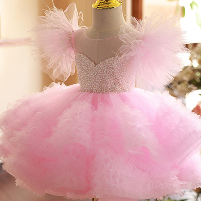 Pink Tulle Princess Dress for Girls with Tiered Skirt | Knee-Length Short Sleeve Special Occasion Dress