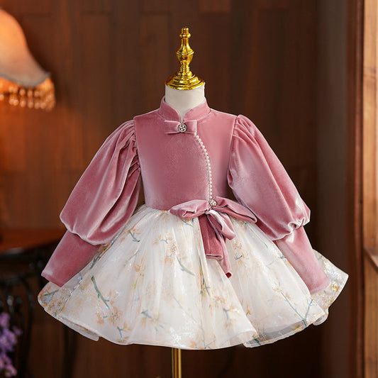 Pink Velvet Tulle Princess Flower Girl Dress Beaded Lantern