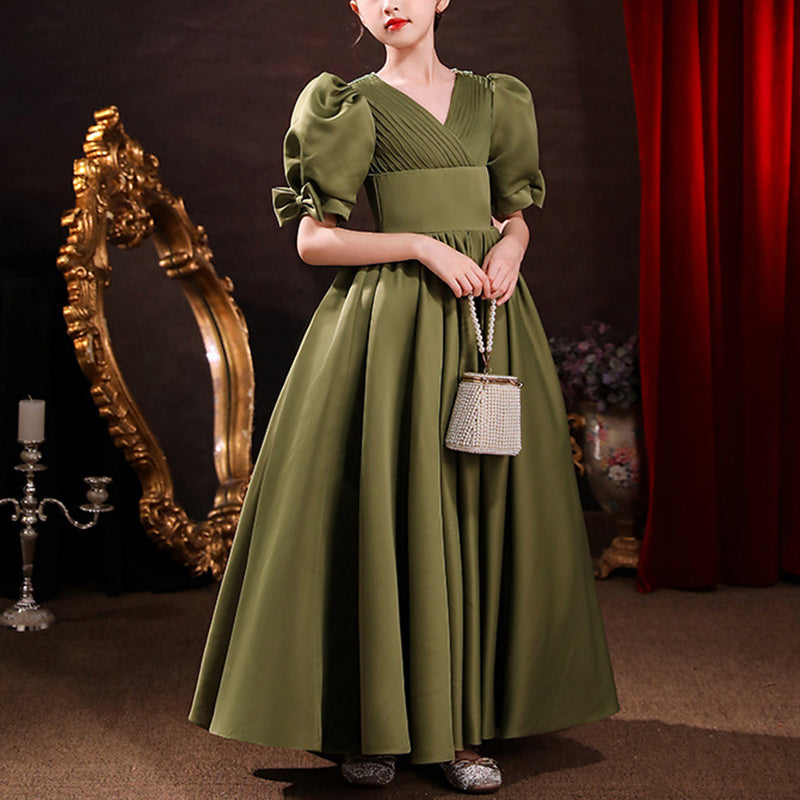 Princess Floor Length Flower Girl Dress: V-Neck Puff Sleeve