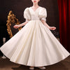Princess Floor Length Flower Girl Dress: V-Neck Puff Sleeve