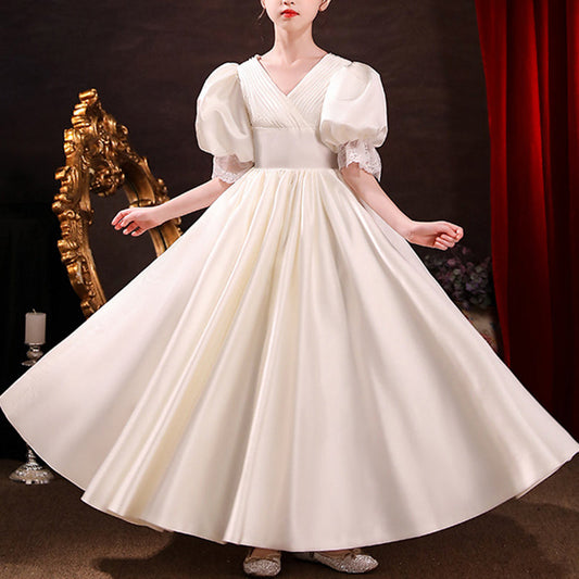 Princess Floor Length Flower Girl Dress: V-Neck Puff Sleeve