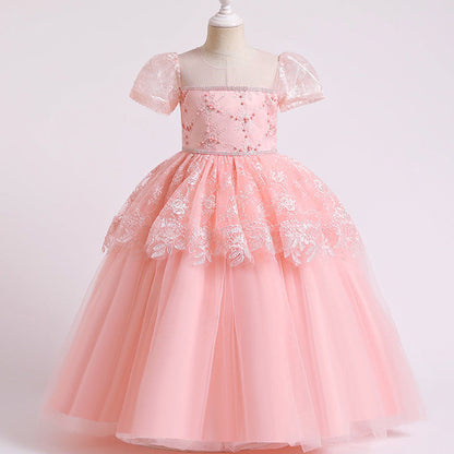 Princess Floor-Length Lace Flower Girl Dress with Puff Sleeves