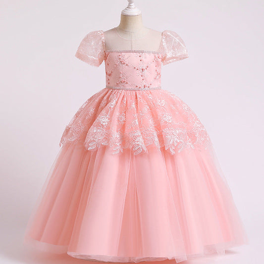 Princess Floor-Length Lace Flower Girl Dress with Puff Sleeves
