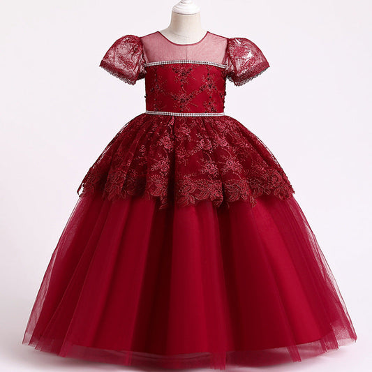 Princess Floor-Length Lace Flower Girl Dress with Puff Sleeves