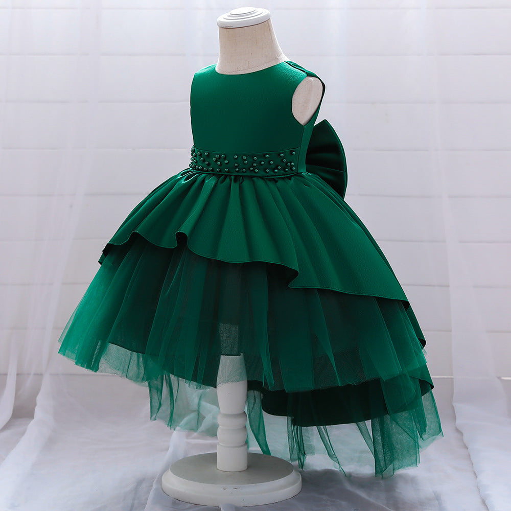 Princess Flower Girl Dress - Satin & Tulle, Beaded, Tea Length