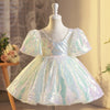 Princess Flower Girl Dress - Short Puff Sleeve Tulle Dress with Sequins