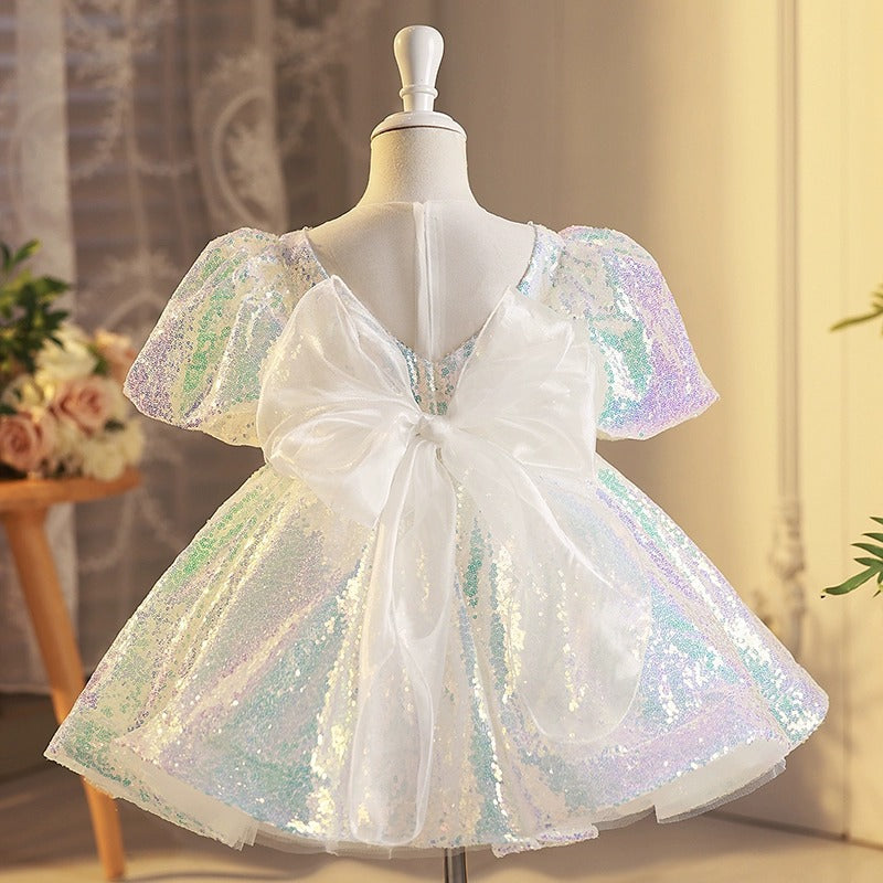Princess Flower Girl Dress - Short Puff Sleeve Tulle Dress with Sequins