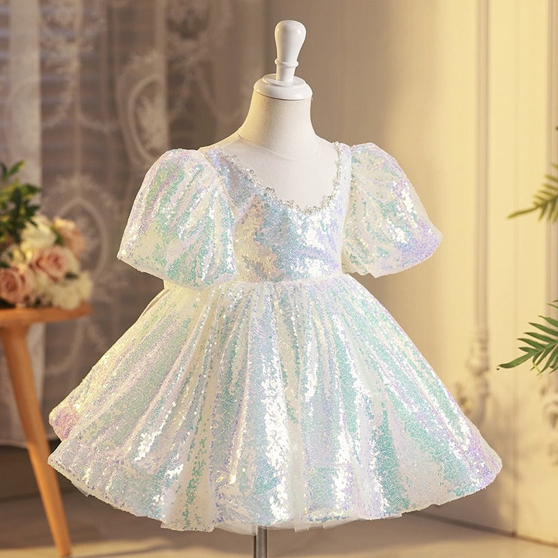 Princess Flower Girl Dress - Short Puff Sleeve Tulle Dress with Sequins