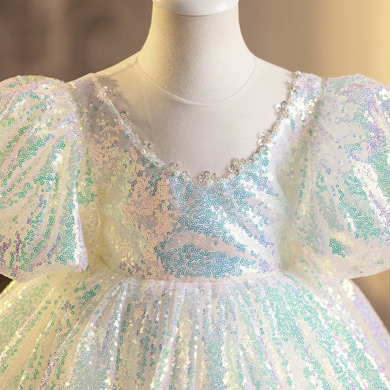 Princess Flower Girl Dress - Short Puff Sleeve Tulle Dress with Sequins