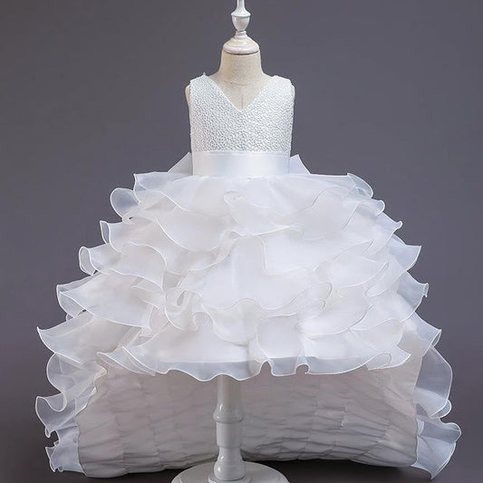 Princess Flower Girl Dress with Cascading Ruffles & Bow - Sweep Train