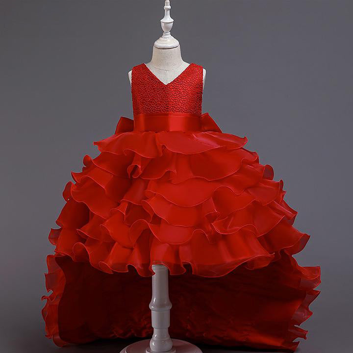 Princess Flower Girl Dress with Cascading Ruffles & Bow - Sweep Train