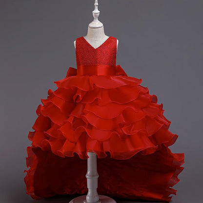 Princess Flower Girl Dress with Cascading Ruffles & Bow - Sweep Train