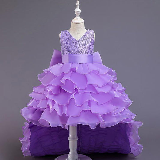 Princess Flower Girl Dress with Cascading Ruffles & Bow - Sweep Train
