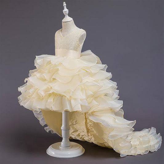 Princess Flower Girl Dress with Cascading Ruffles & Bow - Sweep Train