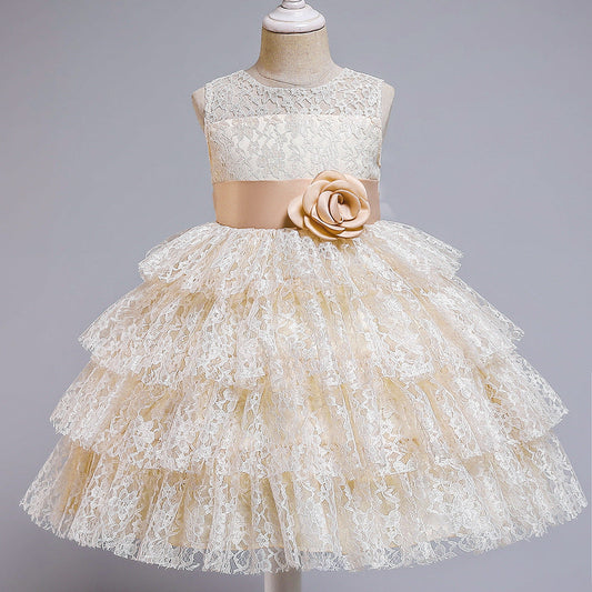 Princess Flower Girl Dress with Lace and Floral Embellishments