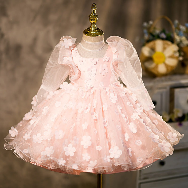 Princess Flower Girl Dress with Long Lantern Sleeves & Flowers