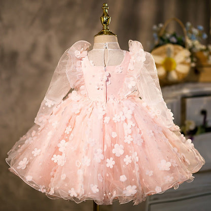 Princess Flower Girl Dress with Long Lantern Sleeves & Flowers