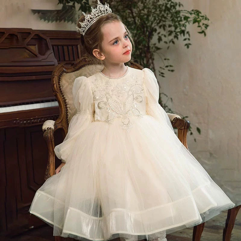 Princess Ivory Tulle Back Zip Baptism Beaded Tea Length Long Sleeve Lantern Sleeve Round Flower Girl Dress