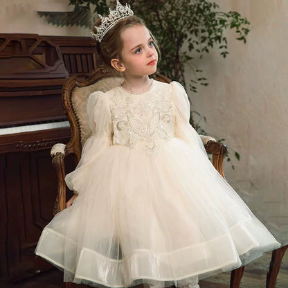 Princess Ivory Tulle Back Zip Baptism Beaded Tea Length Long Sleeve Lantern Sleeve Round Flower Girl Dress