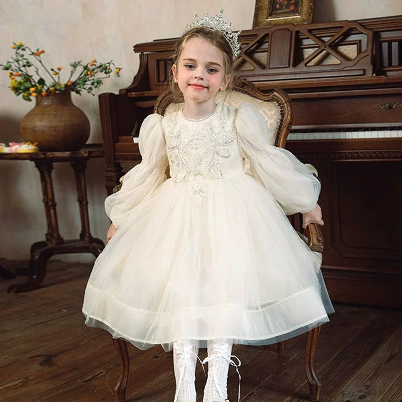 Princess Ivory Tulle Back Zip Baptism Beaded Tea Length Long Sleeve Lantern Sleeve Round Flower Girl Dress